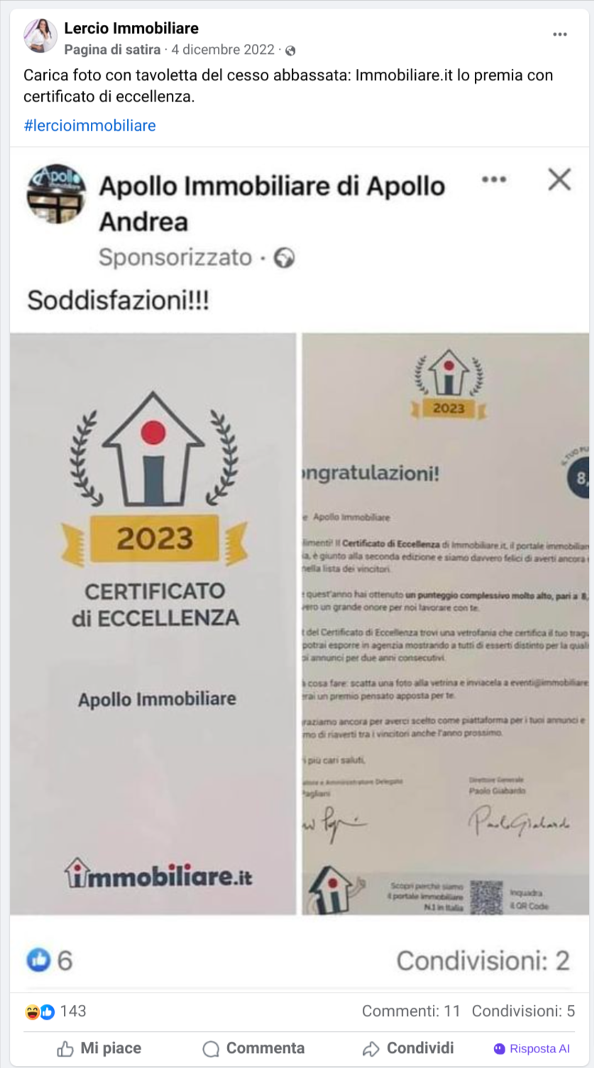Meme Lercio su Premio Eccellenza Immobiliare.it
